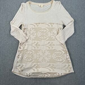 Meadow Rue Lace Tunic Top Women's X-Small Beige 3/4 Sleeve Boho